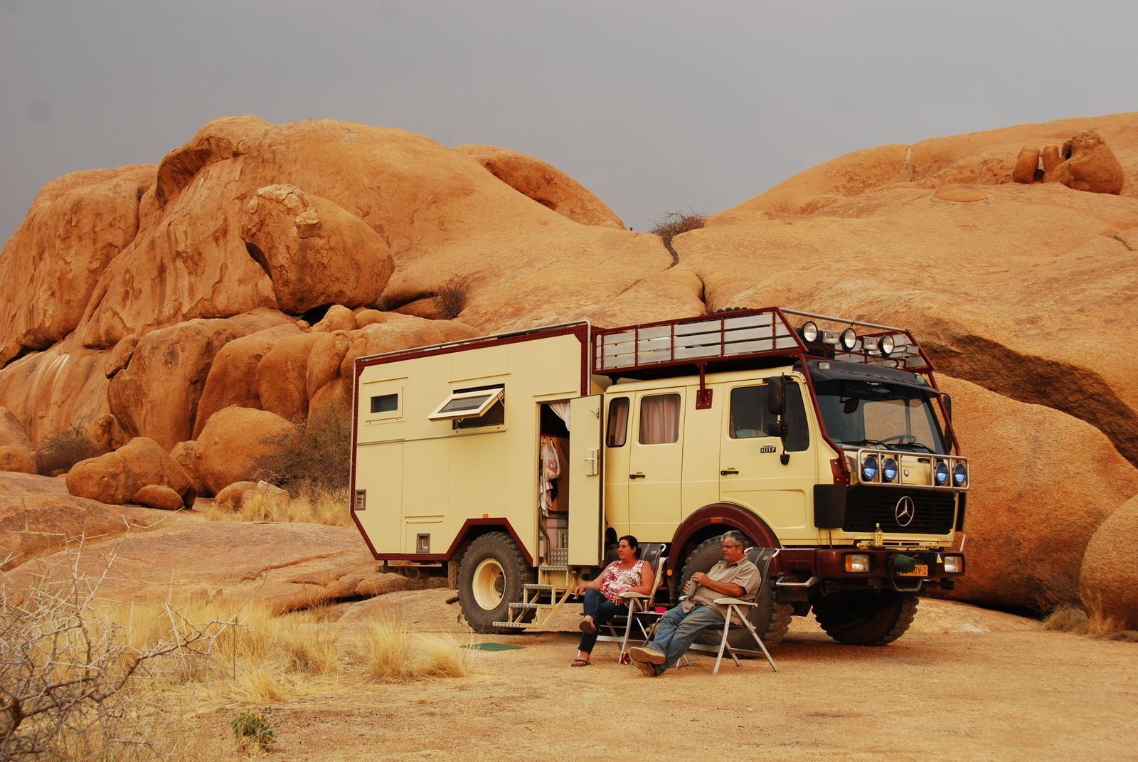 RV winter living in the desert with mountains behind